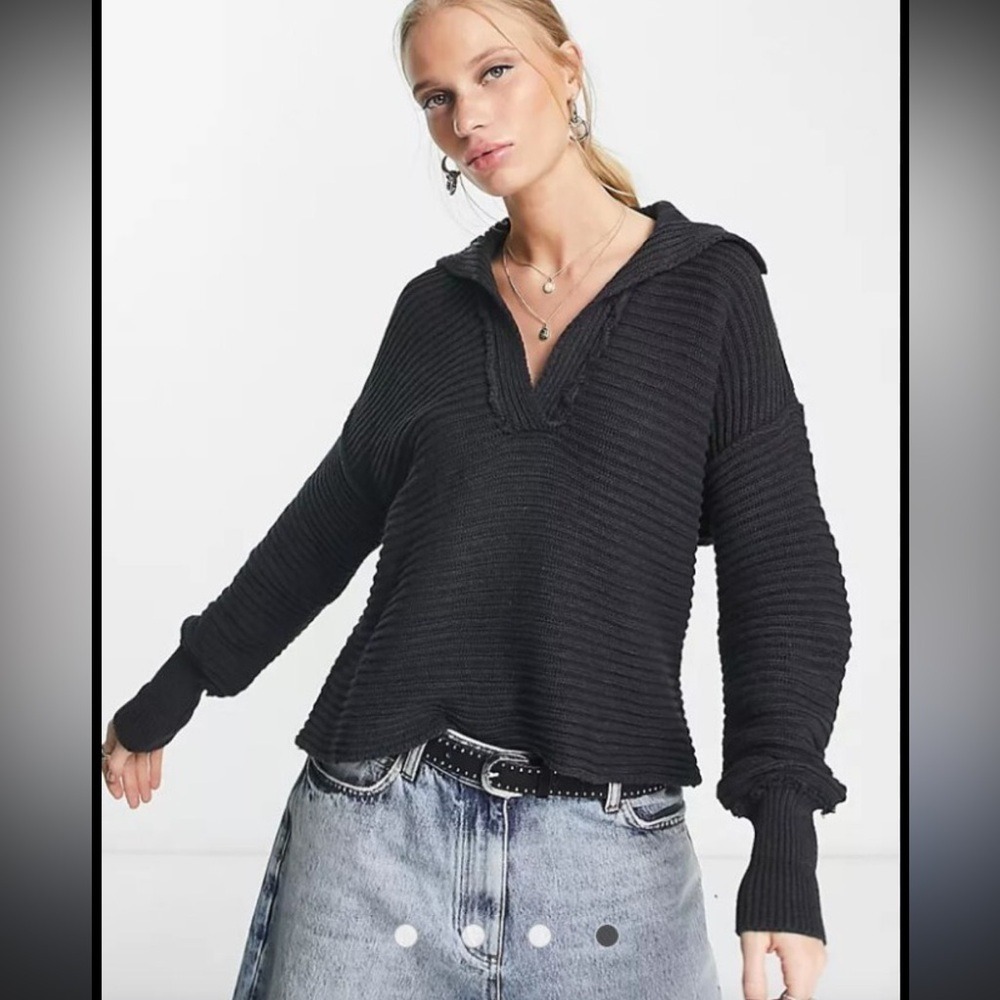 Free People Black Ribbed‎ V-Neck Pullover Sweater with Fringe Detail XS